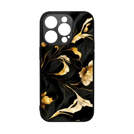 Szatén fekete-arany virág mintás Art iPhone 14 Pro tok