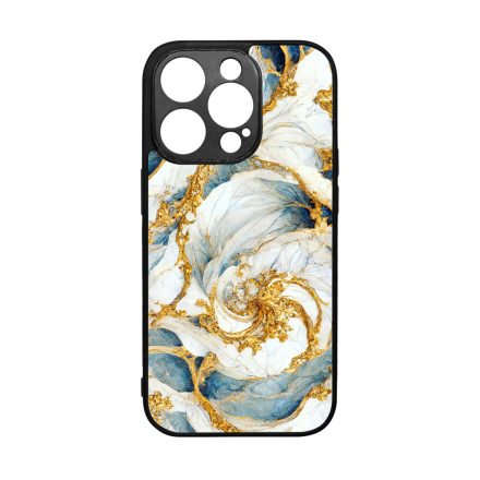 Örvénylő fehér-kék és arany márvány mintás iPhone 14 Pro tok